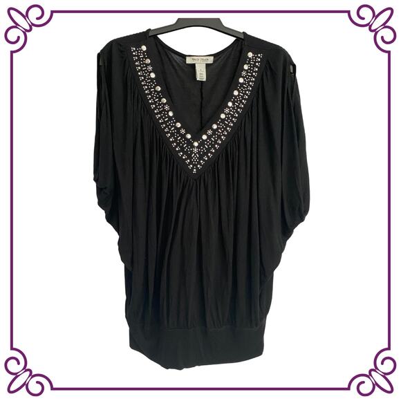 WHBM Embellished V Neck Blouson Top Batwing Sleeves Black Size SMALL - Picture 1 of 10